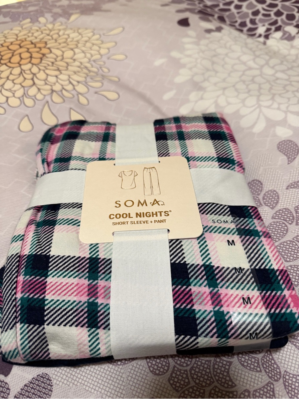 Soma Cool Nights Plaid Short Sleeve & Pant Set - Pink, Green, White